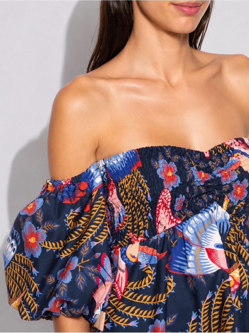 FARM RIO Tropical Bird Print Puff Sleeve Mini Dress Size L - Picture 5 of 12